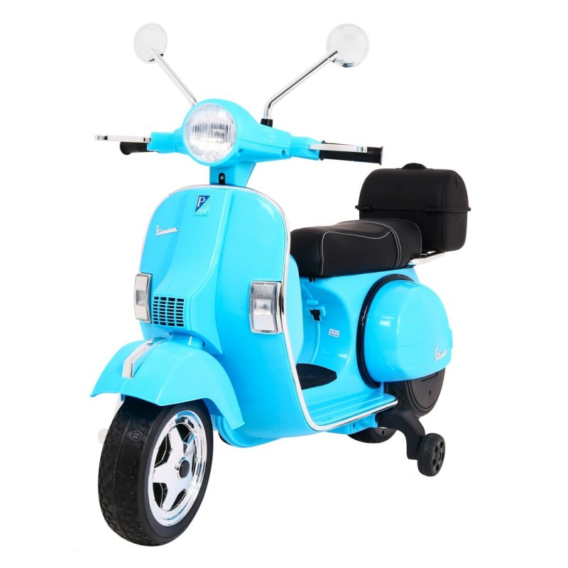 Skuter Vespa elektryczny dla dzieci Niebieski + Kółka pomocnicze + Audio + Ekoskóra + EVA + Wolny Start